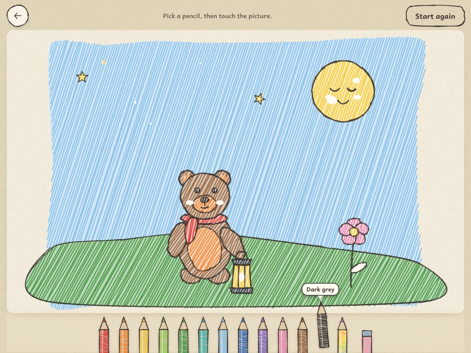 The coloring corner with a row of pencils