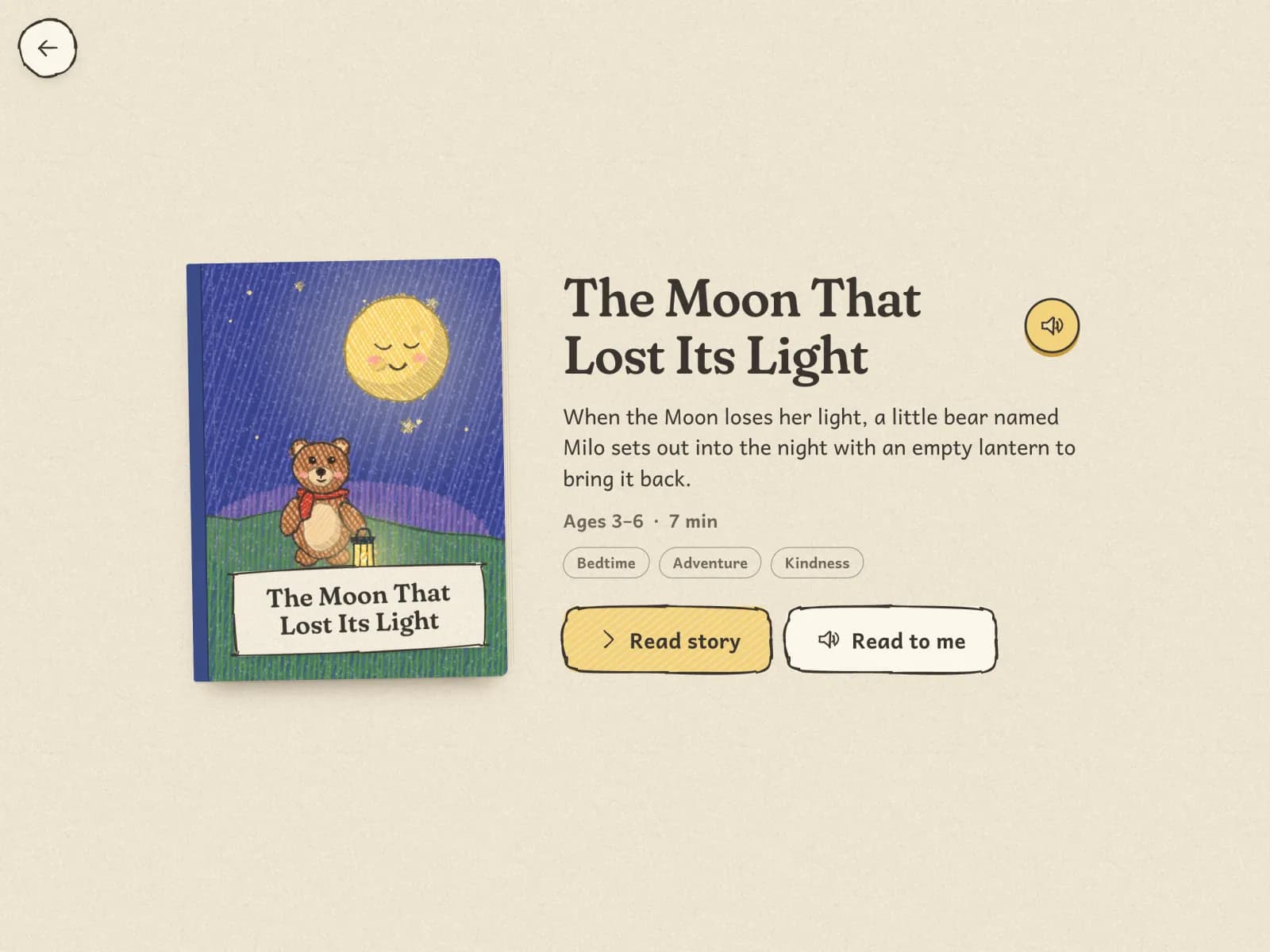 A book's page in the library, with Read story and Read to me