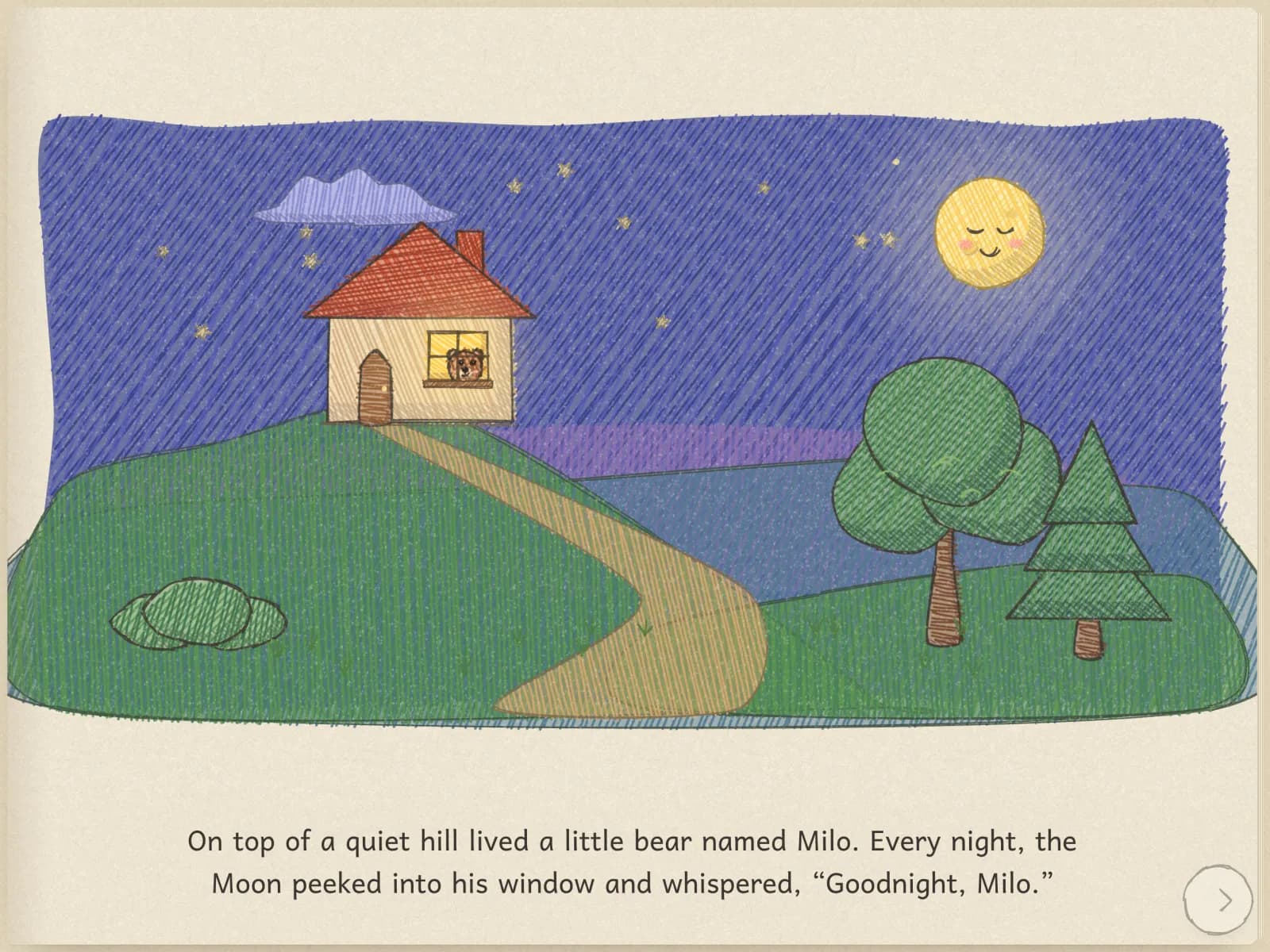 A story page drawn in coloured pencil, with the text below