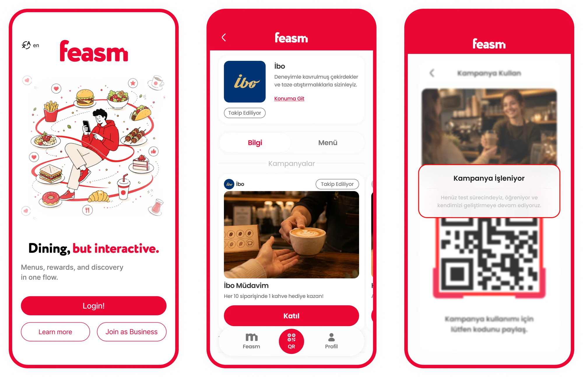 feasm app: landing, restaurant profile & campaign QR